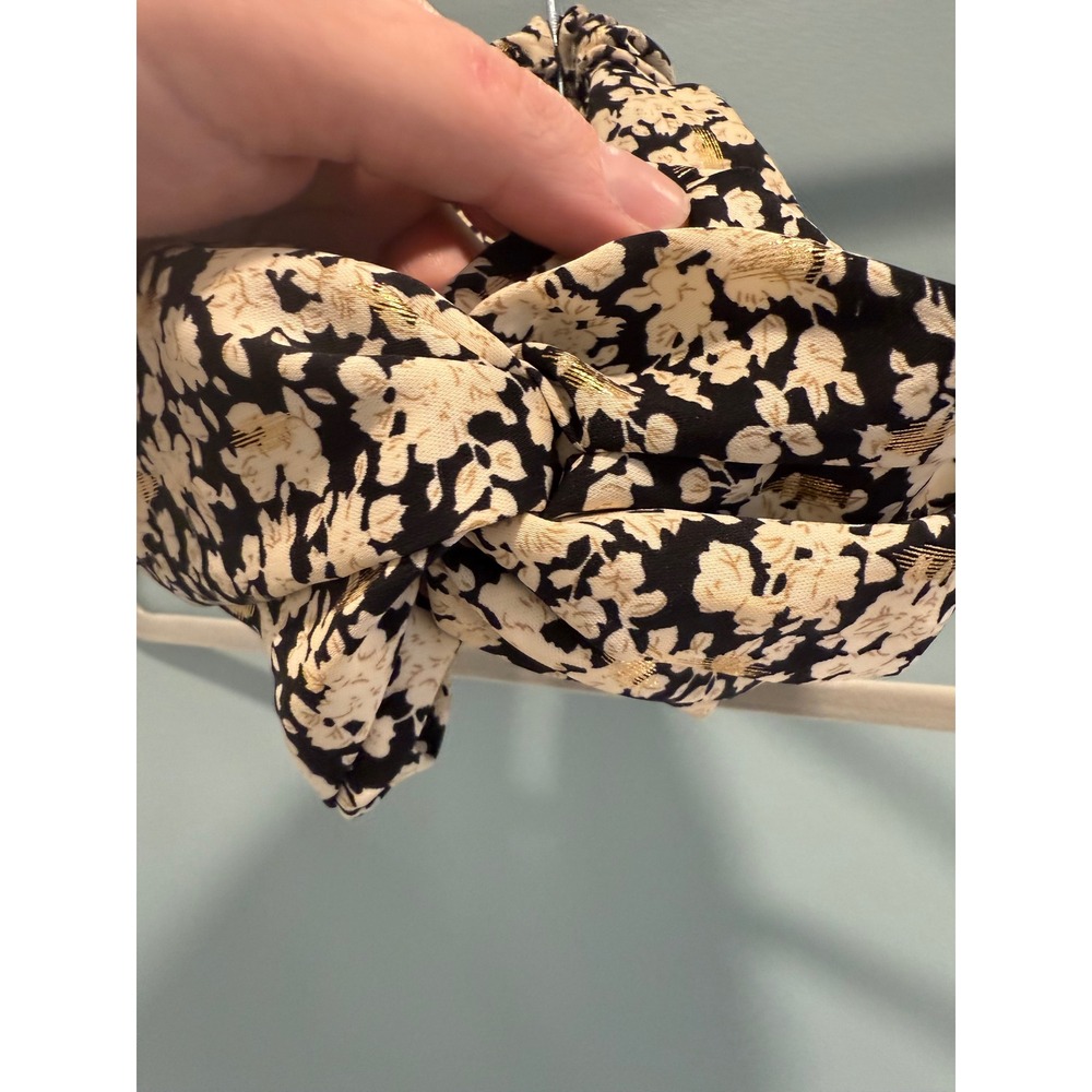 Anthropologie Floral Gold Metallic Knotted Headband Black White Boho - Picture 2 of 3
